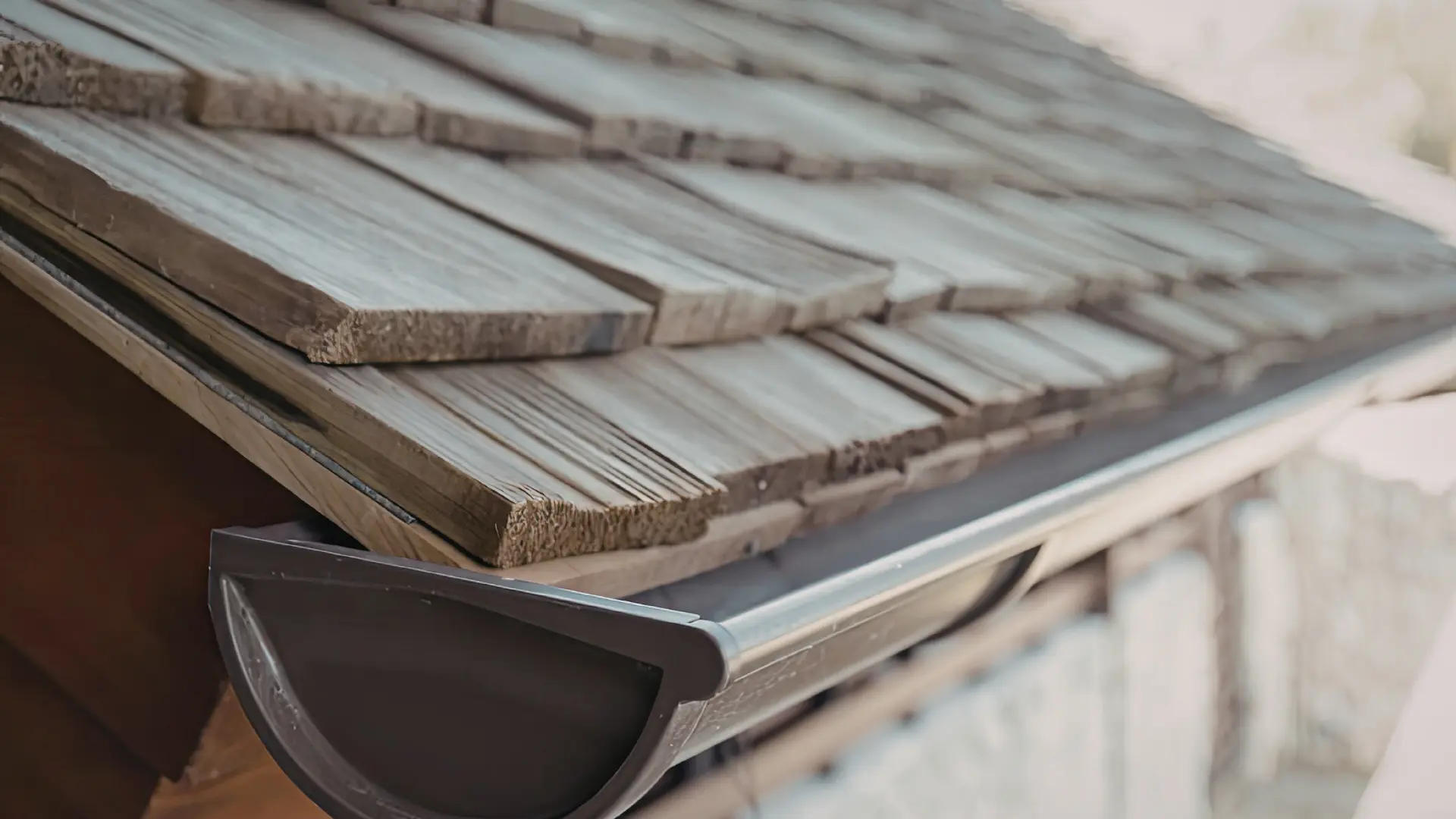 Close-up of a new half-round gutter and eaves detail fitted along a roof edge